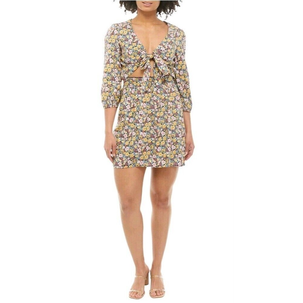 Bebop Ditsy Floral Dress XL Yellow/Navy Boho Cutout Midriff Tie Front Mini New